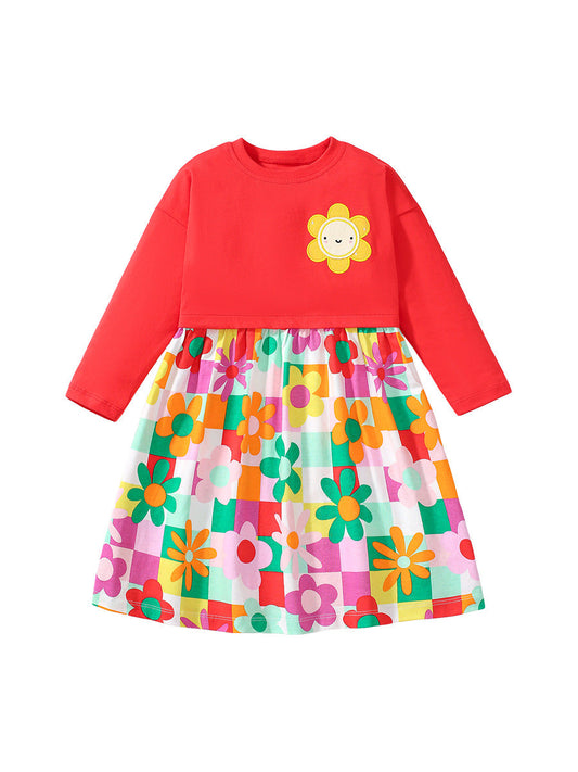 Design Autumn Girls Vivid Floral And Plaid Pattern Patchwork Long Sleeves Dress-0
