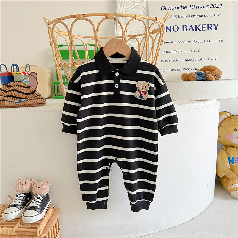 Baby Cartoon Bear Print & Striped Pattern Polo Neck Long Sleeve Romper-5