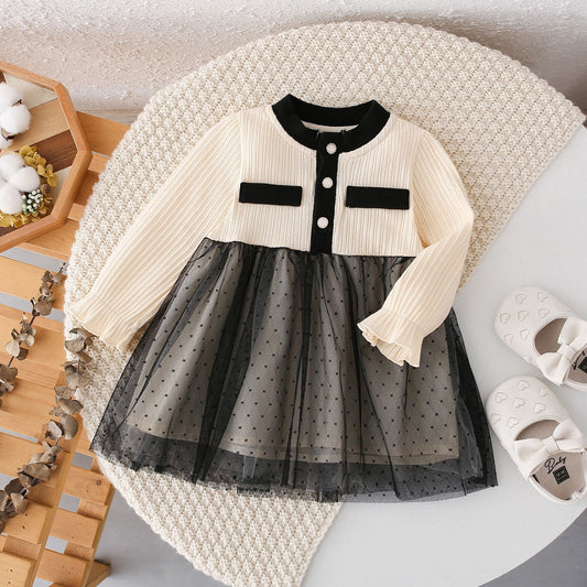 Arrival Autumn Girls Argyle Pattern Crew Neck Long Sleeves Tulle Patchwork Princess Dress-0