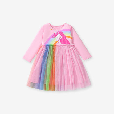 Design Autumn Girls Unicorn Cartoon Pattern Crew Neck Long Sleeves Rainbow Colorful Tulle Patchwork Dress-1