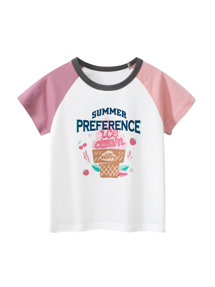 Ice-Cream Cartoon Print Girls’ T-Shirt In European And American Style For Summer-0
