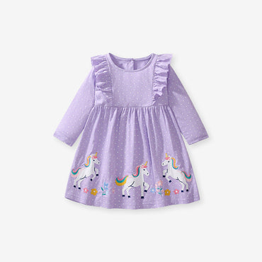 Design Autumn Girls Unicorn Cartoon And Dots Pattern Crew Neck Long Sleeves Princess Dress-1