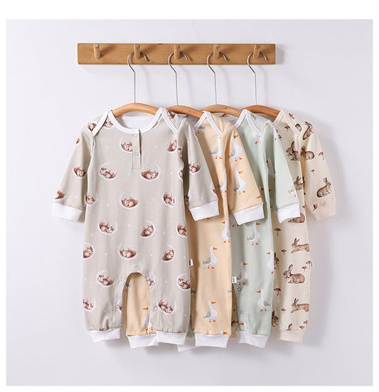 Autumn and Spring Arrival Baby Unisex Simple Animals Cartoon Pattern Long Sleeves Rompers-0