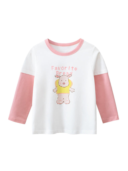 Autumn Arrival Kids Girls Animals Cartoon and Letters Print Crew Neck Color Patchwork Long Sleeves Pullover Sweatshirt-0