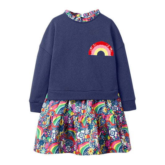 Arrival Autumn Girls Rainbow Embroidery Sweatshirt Patchwork Vivid Floral Dress-0