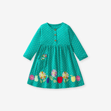 Design Autumn Girls Fruits And Flowers Pattern Crew Neck Long Sleeves Green Dress-1
