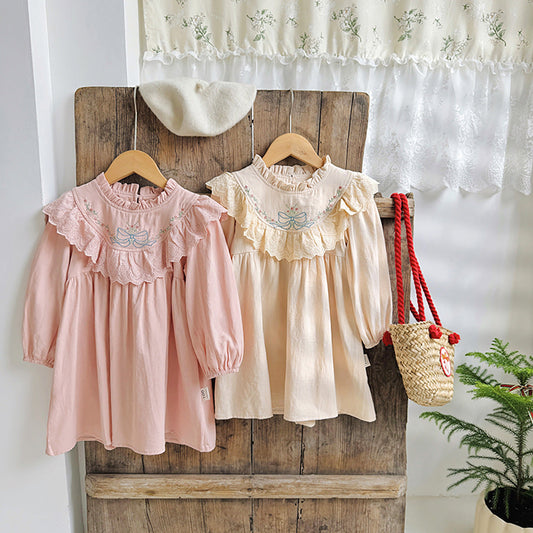 Design Autumn Girls Flowers and Bows Embroidery Ruffle Neck Long Sleeves French Style Dress-0