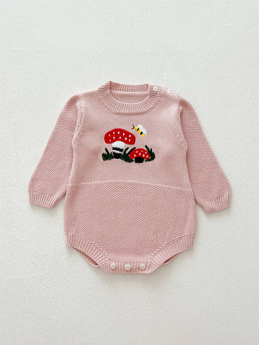 Autumn Arrival Baby Girls Long Sleeves Mushrooms Embroidered Crew Neck Onesies-1