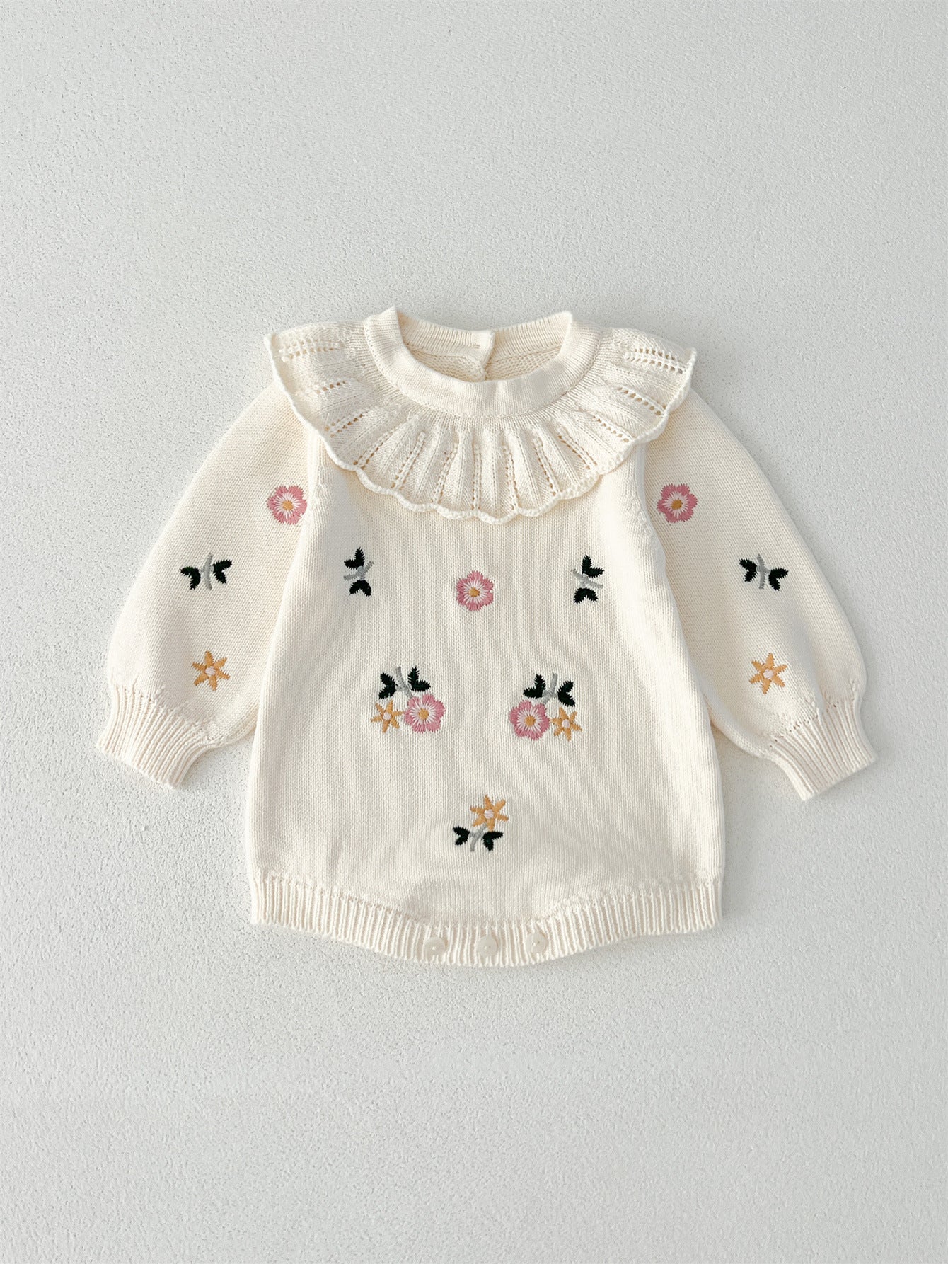 Autumn Arrival Baby Girls Flowers and Butterfly Embroidery Pattern Long Sleeves Onesies with Collar-2