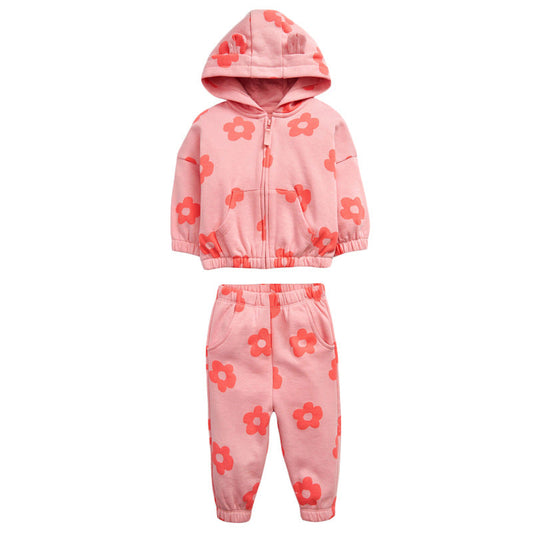 Baby Girl All Over Flower Graphic Zipper Hoodie Coat & Trousers Sets-0