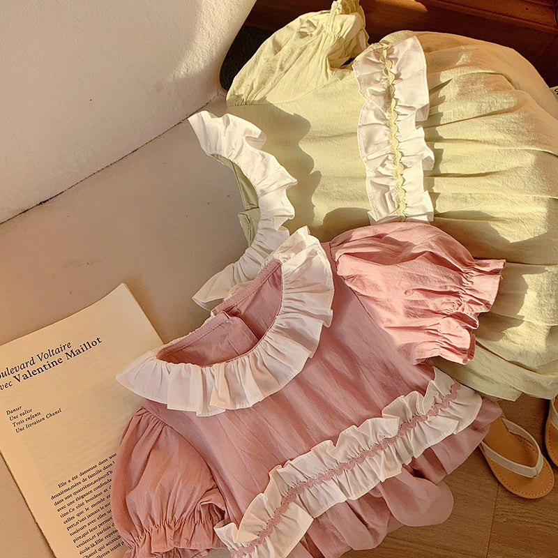 Arrival Summer Kids Girls Short Sleeves Ruffle Collar Princess Dress-4