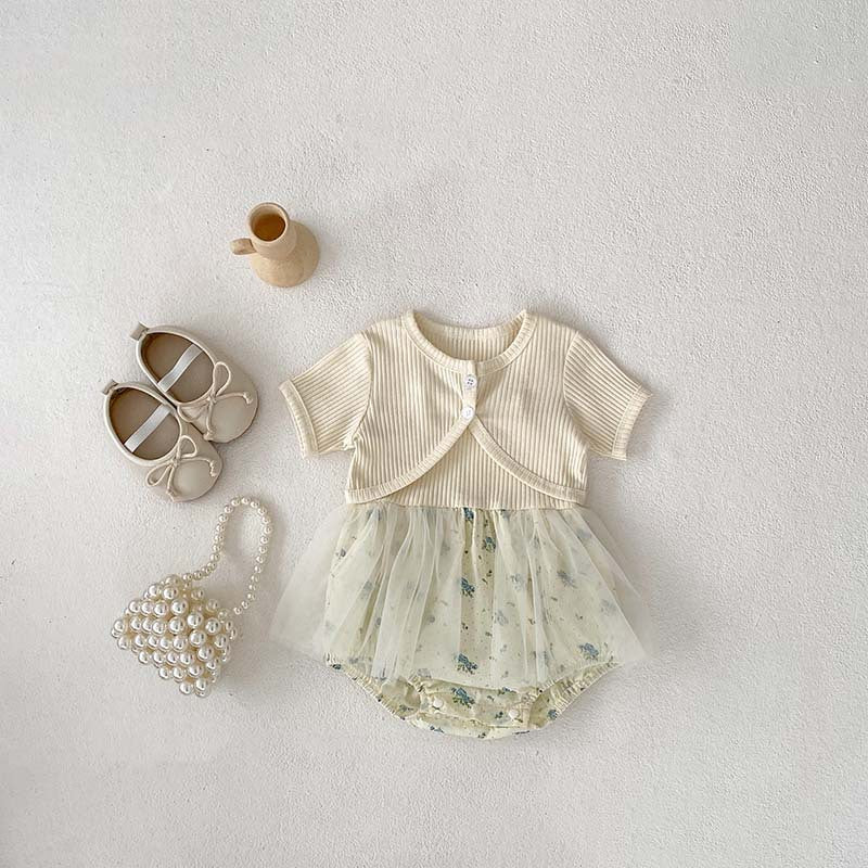 New Arrival Summer Baby Kids Girls Solid Color Short Sleeves Cardigan And Sleeveless Strap Tulle Onesies – Sister Matching Set