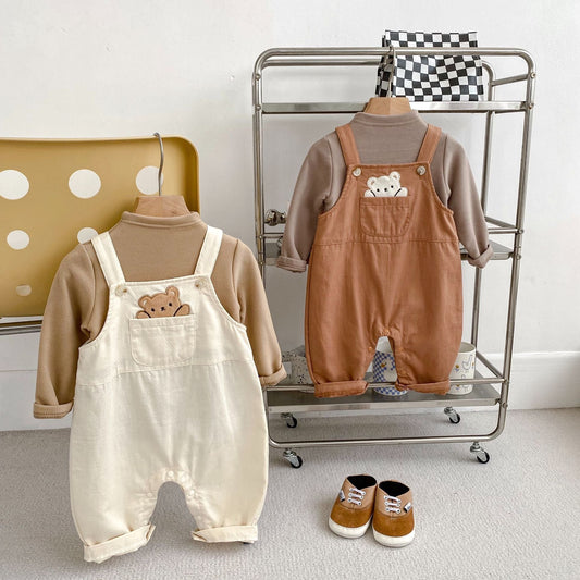 Arrival Autumn Baby Unisex Long Sleeves Striped Top Shirt and Teddy Pattern Overalls – Matching Set-0