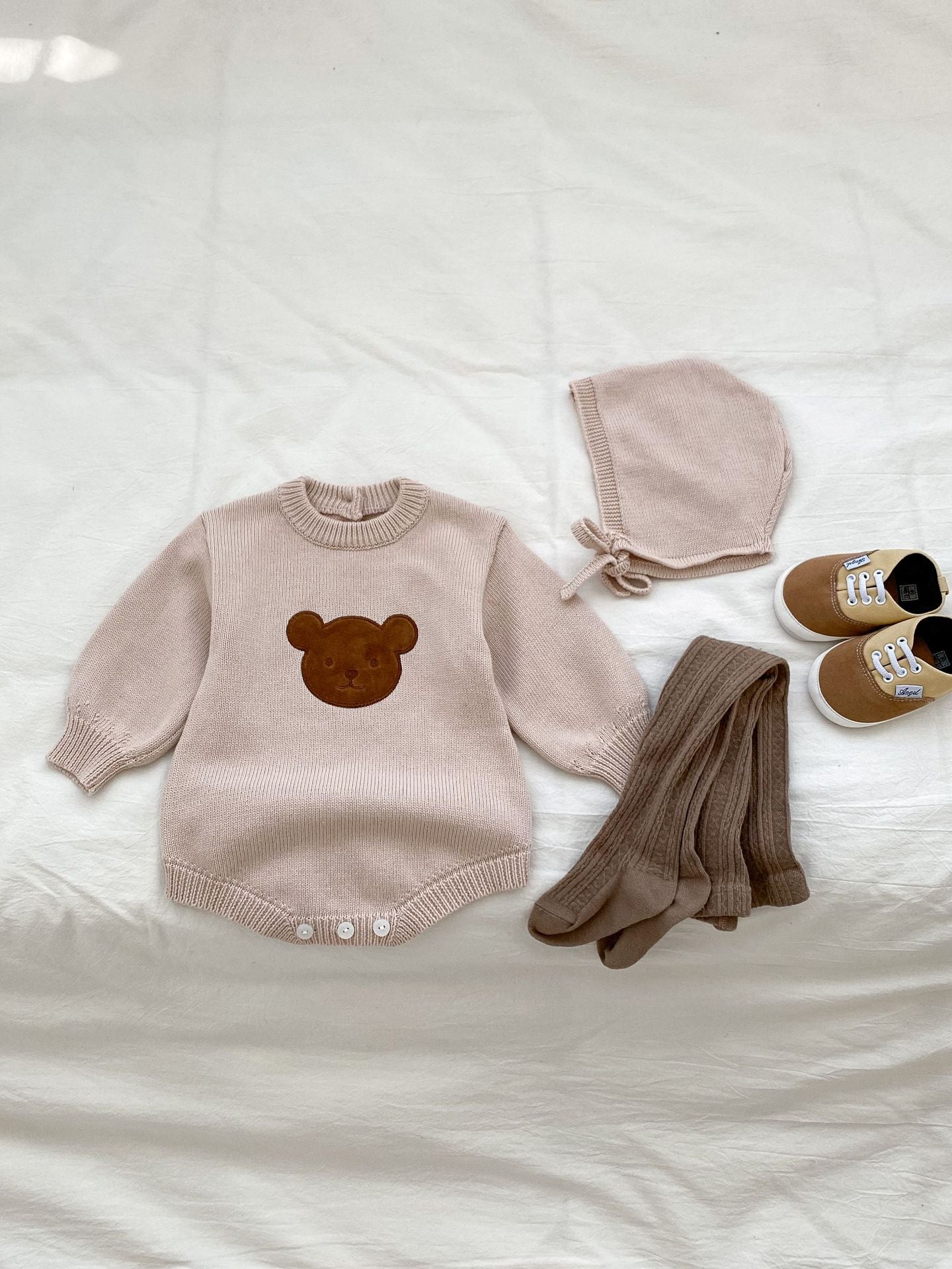 Autumn Design Baby Unisex Teddy Bear Pattern Long Sleeves Crew Neck Knitted Onesies with Hat-2