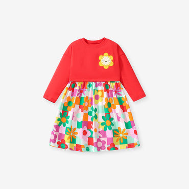 Design Autumn Girls Vivid Floral And Plaid Pattern Patchwork Long Sleeves Dress-1