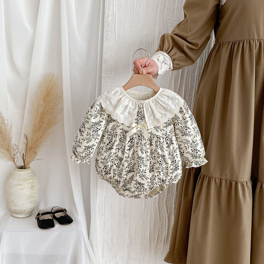 Arrival Baby Girls Long Sleeves Embroidery Collar Floral Print Onesies-0