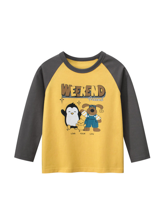 Autumn Baby Boys Cartoon Animals Friend Print Color Patchwork Long Sleeves Crew Neck Base Top Shirt-0
