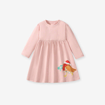 High Quality Autumn Girls Long Sleeves Sparrow Bird Pattern Crew Neck Long Sleeves Dress-1