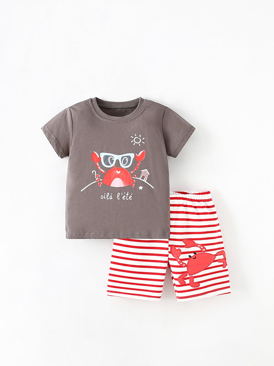 Summer Baby Kids Girls Crab Cartoon Pattern Short Sleeves T-Shirt And Striped Shorts Casual Clothing Set