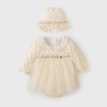 Autumn Tulle Dress Design Baby Girls Beige Geometric and Heart Pattern Long Sleeves Onesies with Princess Collar and Hat-1