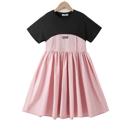 Arrival Summer Kids Girls Fashion Color Patchwork Cotton Short Sleeves Dress-0
