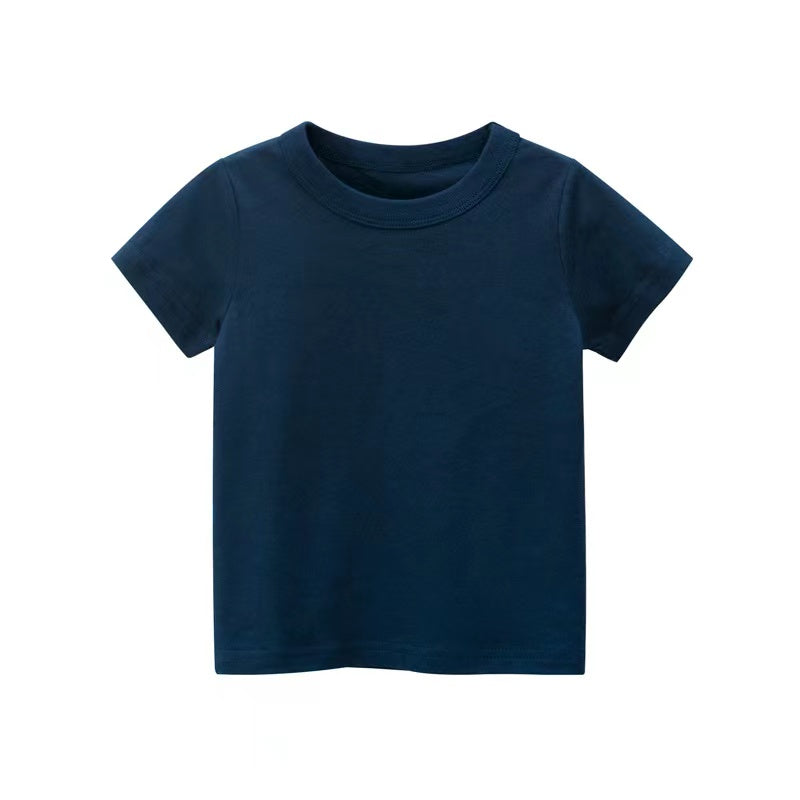 Baby Kids No Pattern Solid Color Short-Sleeved Tops In Summer Outfit Wearing-7