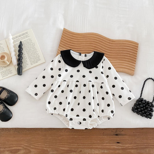 Spring Arrival Baby Long Sleeves Black Polka Dots Onesie For Girls-0