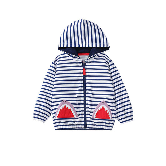 Arrival Baby Kids Girls Shark Pattern Pocketed Zip-up Striped Hoodie-0