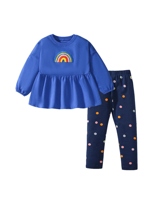 Spring And Autumn Girls Cute Rainbow Embroidery Pattern Long Sleeves Top Dress And Polka Dots Pants Clothing Set-0