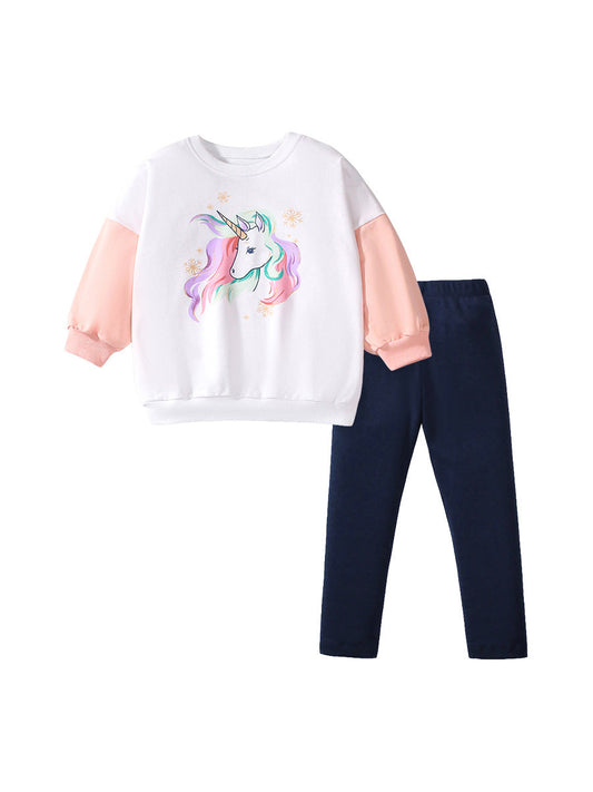 Spring And Autumn Girls Cartoon Unicorn Pattern Long Sleeves Crew Neck Top Sweatshirt And Pants Clothing Set-0