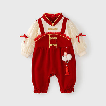 Autumn Design Baby Girls Color Patchwork Stand Collar Romper with Butterfly Bows-1