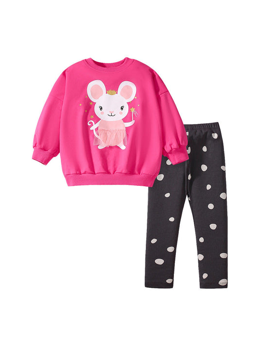 Spring And Autumn Girls Cartoon Princess Mouse Pattern Long Sleeves Crew Neck Top Sweatshirt And Polka Dots Pants Clothing Set-0