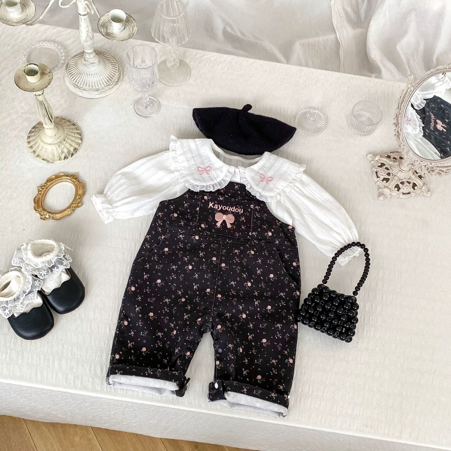 Arrival Spring Girls Long Sleeves Striped Embroidery Top Shirt and Sleeveless Floral Overalls Set Clothing Set-0