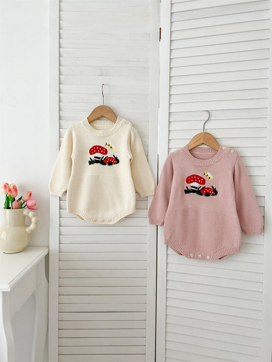 Autumn Arrival Baby Girls Long Sleeves Mushrooms Embroidered Crew Neck Onesies-0