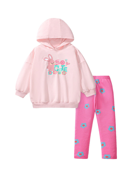 Spring And Autumn Girls Cute Cartoon Rabbit Pattern Long Sleeves Top Hoodies And Floral Pants Clothing Set-0