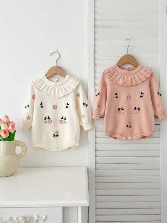 Autumn Arrival Baby Girls Flowers and Butterfly Embroidery Pattern Long Sleeves Onesies with Collar-0