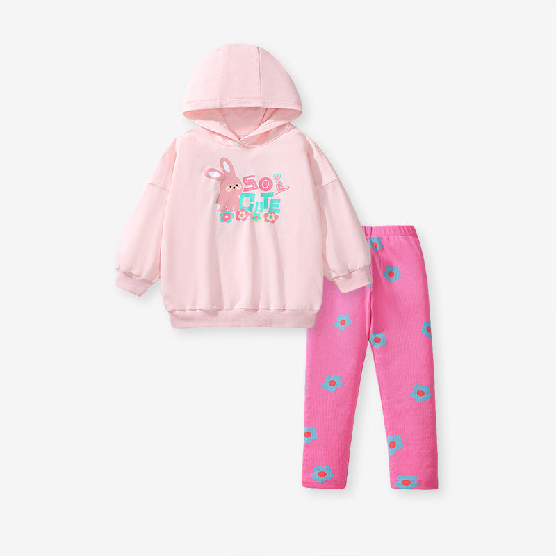 Spring And Autumn Girls Cute Cartoon Rabbit Pattern Long Sleeves Top Hoodies And Floral Pants Clothing Set
