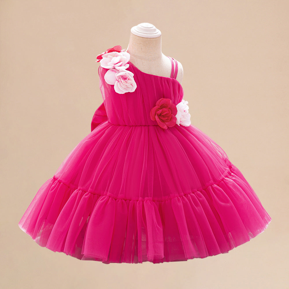 Summer Baby Kids Girls Princess Sleeveless 3D Flowers Birthday Tulle Dress-6