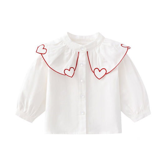 Baby Girl Heart Neck Crystal Button Front Design Solid Cotton Shirt-0