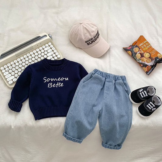 Autumn Baby Kids Boys Letters Embroidery Pattern Knitted Crew Neck Pullover and Denim Pants Clothing Set-0