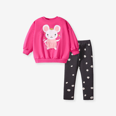 Spring And Autumn Girls Cartoon Princess Mouse Pattern Long Sleeves Crew Neck Top Sweatshirt And Polka Dots Pants Clothing Set-1
