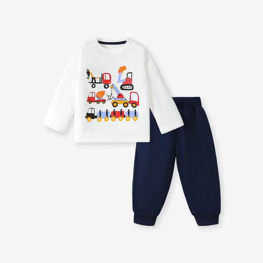Spring And Autumn Boys Cartoon Vehicles Pattern Long Sleeves Top T-Shirt And Solid Color Pants Clothing Set-0