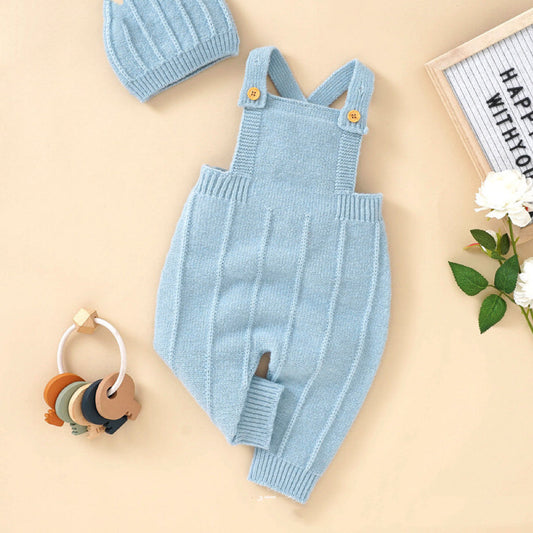 Baby Solid Color Knitted Sling Romper With Hat Sets-0