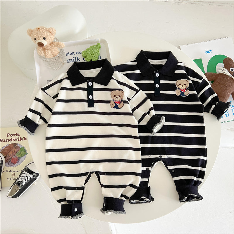 Baby Cartoon Bear Print & Striped Pattern Polo Neck Long Sleeve Romper-0
