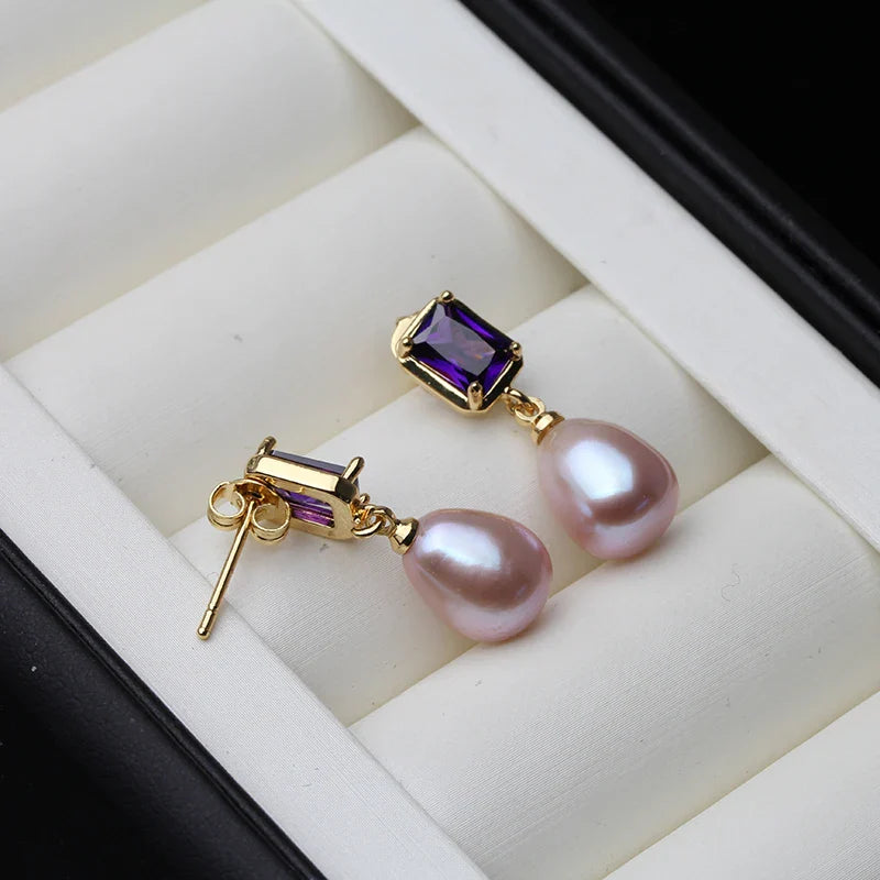 Genuine Freshwater Pearl Purple Rectangular Drop Earrings-4