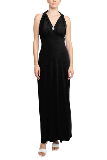Connected Apparel Crossed Neck Sleeveless Jewelry Front Detail Ruched Empire Waist Solid Jersey Dress-1