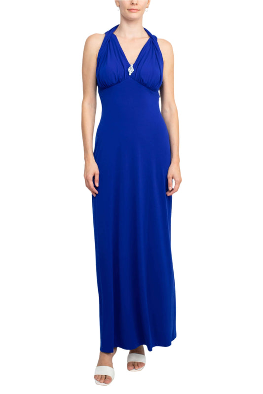 Connected Apparel Crossed Neck Sleeveless Jewelry Front Detail Ruched Empire Waist Solid Jersey Dress-0