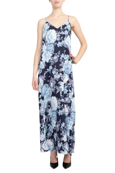 Connected Apparel V-Neck Spaghetti Strap Floral Print Satin Dress with Pockets-1