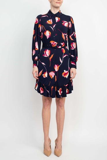 London Times Collared Button Down Elastic Cuff Long Sleeve Belted Jersey Dress-1