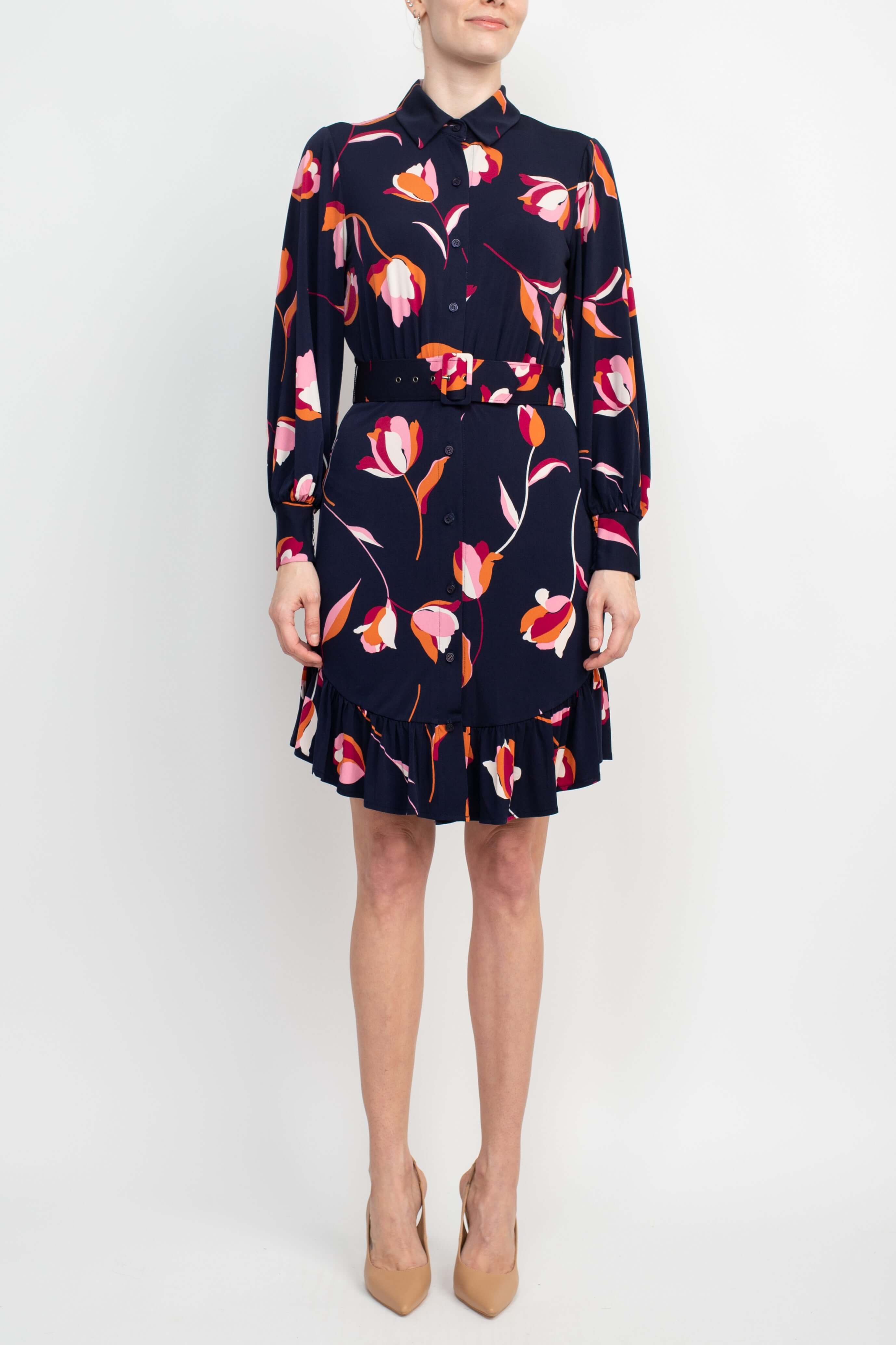 London Times Collared Button Down Elastic Cuff Long Sleeve Belted Jersey Dress-1